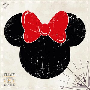 May include: Black and white silhouette of a mouse head with a large red bow. The image has a distressed, vintage look.