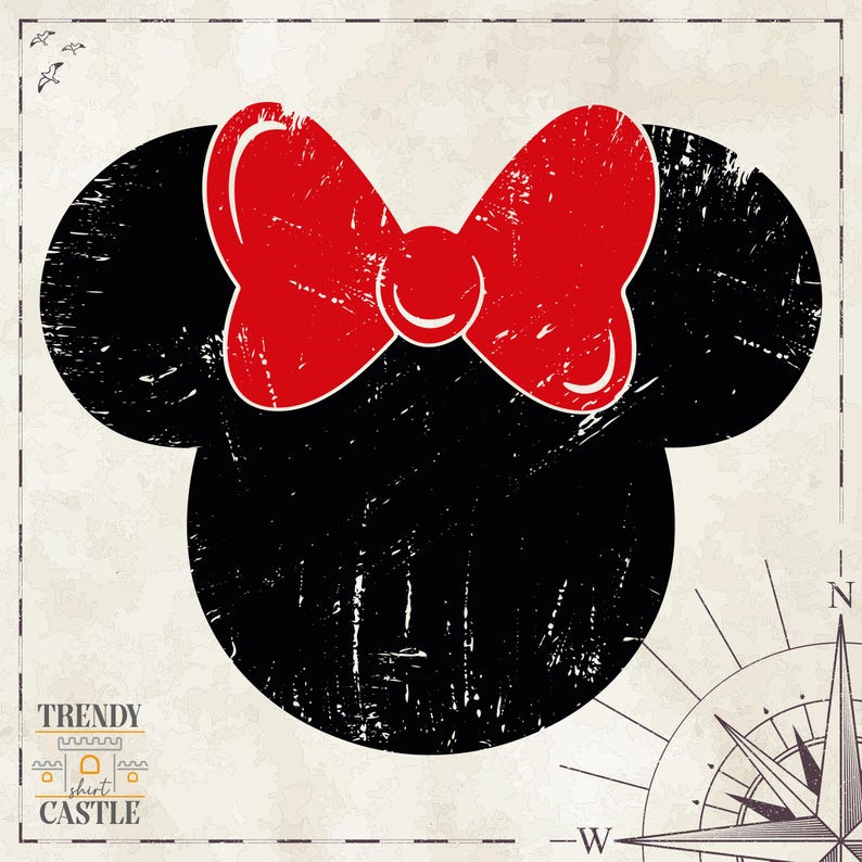 May include: Black and white silhouette of a mouse head with a large red bow. The image has a distressed, vintage look.