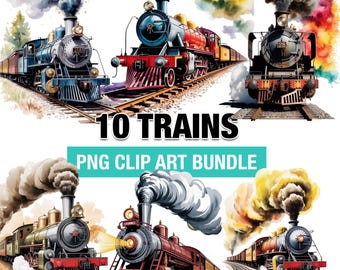 Watercolor Steam Train PNG Bundle: Vintage Locomotive Clipart (Digital Download