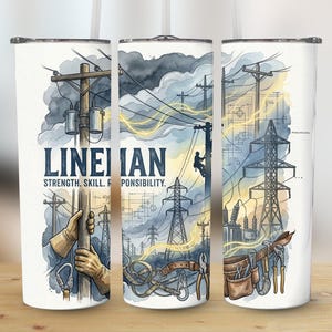 Könnte beinhalten: Ein weißer Becher mit einer Aquarellillustration eines Elektrikers bei der Arbeit. Das Design zeigt Strommasten, Stromleitungen und Werkzeuge, mit dem Wort "LINEMAN" und dem Text "STRENGTH. SKILL. RESPONSIBILITY." aufgedruckt.