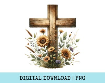 Floral Cross Digital Png, Sunflower Cross Clipart, Christian Easter Decor, Rustic Cross Image, Religious Design, Printable Art
