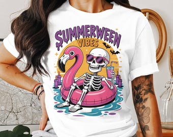 Summerween Vibes T-Shirt Design: Skeleton Flamingo Float (Digital Download)