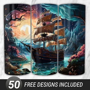Pirate Ship Tumbler 20 oz Skinny Tumbler Sublimation Design, Pirate Ship Tumbler Instant Digital Download PNG, Pirate Ship Tumbler Wrap