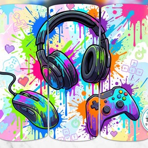 Envoltura digital para vasos de videojuegos, diseño de auriculares, ratón y mando con salpicaduras de pintura, sublimación PNG recta y cónica de 300 ppp
