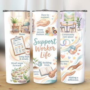 Könnte beinhalten: Ein weißer Becher mit einem Aquarelldesign. Das Design umfasst Illustrationen eines Zuhauses, eines Unterstützungsplans und Hände. Der Text enthält "Support Worker Life", "Here to support" und "Every person matters".