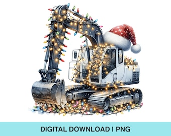 以下が含まれることがあります： カラフルなクリスマスライトで飾られた白とグレーのショベルカーのデジタルイラスト。サンタの帽子がキャブの上にあります。画像の下部には「DIGITAL DOWNLOAD I PNG」というテキストがあります。