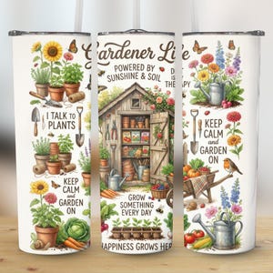 Gardener's Life Illustrated Tumbler, Floral Garden Shed Design, Sunshine and Soil, Plant Lover Gift, Double-Walled Insulated Drinkware