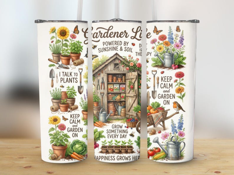 Gardener's Life Illustrated Tumbler, Floral Garden Shed Design, Sunshine and Soil, Plant Lover Gift, Double-Walled Insulated Drinkware