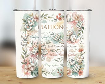 Mahjong Tumbler Wrap, Watercolor Floral, Game Night Design, Printable Digital File, Straight and Tapered, 300 DPI, High-Resolution
