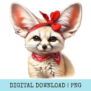 Fennec Fox Digital Download, Cute Animal PNG, Large Ears, Red Bandana, Printable Artwork for Nursery Decor and Crafts