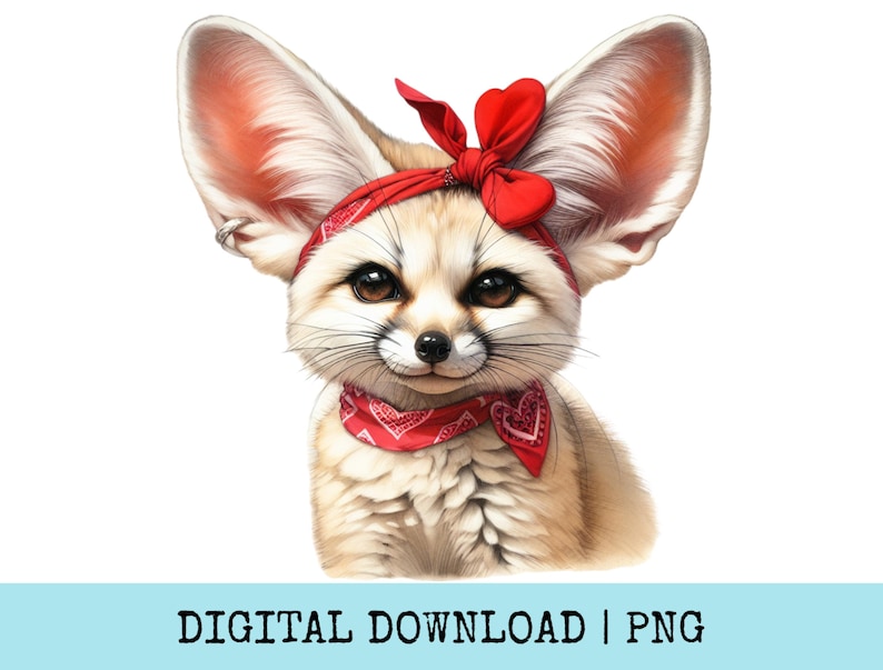 Fennec Fox Digital Download, Cute Animal PNG, Large Ears, Red Bandana, Printable Artwork for Nursery Decor and Crafts