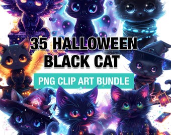 Witchy Black Cat Clipart: Halloween PNG Bundle (Digital Download)