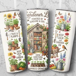 Gardener's Delight Illustrated Tumblers, Botanical Garden Prints, Sunshine Soil Quotes, Durable Drinkware Set of 3