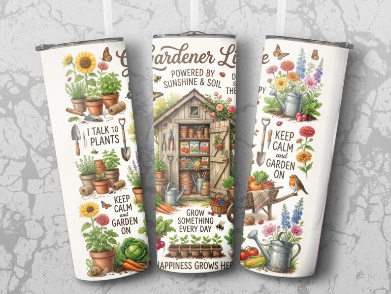 Gardener's Delight Illustrated Tumblers, Botanical Garden Prints, Sunshine Soil Quotes, Durable Drinkware Set of 3