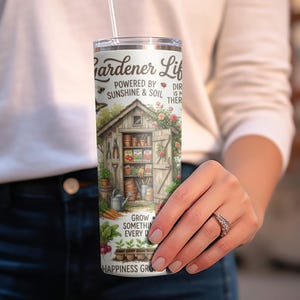 Gardener Life Tumbler, Powered by Sunshine and Soil, Garden Shed Illustration, Eco-Friendly Travel Cup, Unique Gift for Gardeners