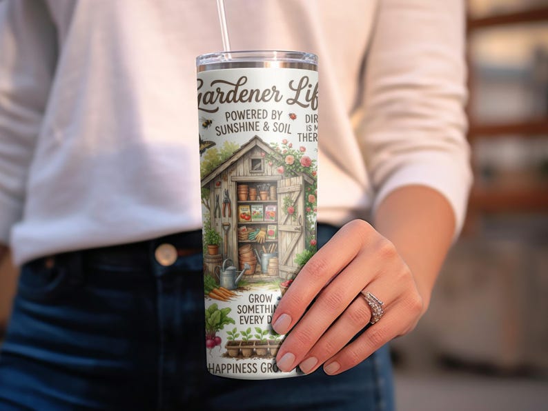 Gardener Life Tumbler, Powered by Sunshine and Soil, Garden Shed Illustration, Eco-Friendly Travel Cup, Unique Gift for Gardeners