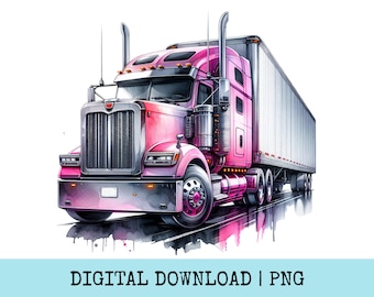 May include: A pink watercolour illustration of an articulated lorry with a white trailer. The truck features a chrome grill and wheels. The image includes the text "DIGITAL DOWNLOAD | PNG".