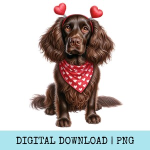 May include: A brown dog wearing a red headband with heart-shaped decorations and a red bandana with white hearts. The dog is sitting and looking directly at the viewer. The image has the text "DIGITAL DOWNLOAD | PNG" at the bottom.