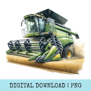 Puede incluir: Ilustración en acuarela de una cosechadora verde y negra trabajando en un campo de trigo. La máquina tiene neumáticos grandes y un largo brazo de cosecha. Incluye el texto "DIGITAL DOWNLOAD | PNG".