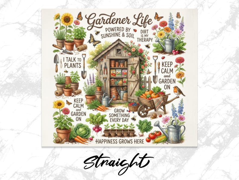 Gardener Life Vintage Poster, Garden Shed and Flowers, Sunshine and Soil, Home Decor Wall Art, Gift for Gardeners, Colorful Illustration