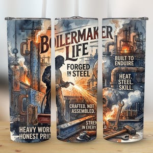 May include: A stainless steel tumbler with a watercolor design featuring a boilermaker theme. The design includes a worker welding steel, industrial machinery, and text that reads "Boilermaker Life, Forged in Steel, Heavy Work, Honest Pride."