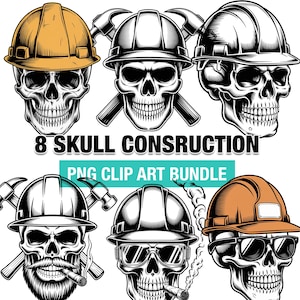 May include: A digital illustration featuring eight skull designs, each wearing a construction hard hat. Some skulls have crossed hammers, sunglasses, or cigars. The text reads "8 SKULL CONSTRUCTION" and "PNG CLIP ART BUNDLE".
