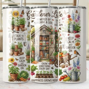 Gardener Life Themed Tumblers, Floral Garden Tools Design, Stainless Steel Insulated Drinkware, Gift for Gardeners