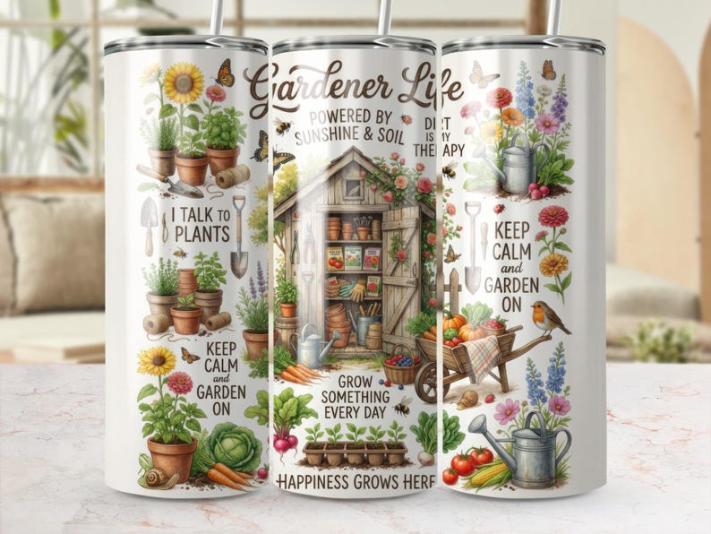 Gardener Life Themed Tumblers, Floral Garden Tools Design, Stainless Steel Insulated Drinkware, Gift for Gardeners