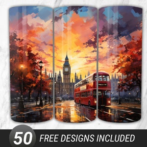 Watercolor London Sunset Tumbler Wrap, 20oz Skinny Tumbler Sublimation Design, London Straight Tumbler Wrap Digital Download PNG