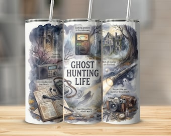 Ghost Hunting Life Digital Tumbler Wrap, EMF Reader, Radio, Ghost Illustration, 300 DPI PNG, Straight Tapered, Digital Download