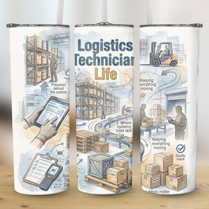 Puede incluir: Un vaso blanco con una ilustración detallada de una escena de almacén. El diseño incluye el texto "Logistics Technician Life" y representa varios aspectos de la logística, como el inventario, el envío y el control de calidad.