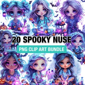 May include: A digital art bundle featuring multiple illustrations of cartoon nurses with spooky Halloween themes. The images showcase the nurses with pumpkins, bats, and ghosts. Text on the image reads "20 SPOOKY NUSE PNG CLIP ART BUNDLE."