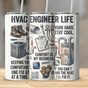 Może przedstawiać: Biały izolowany kubek z motywem HVAC Engineer Life. Projekt zawiera ilustracje butów roboczych, narzędzi i sprzętu HVAC, a także tekst "Work Hard. Stay Cool."