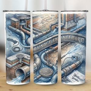 Puede incluir: Un vaso de acero inoxidable con una ilustración en acuarela de un sistema de drenaje. El diseño incluye tuberías, bocas de inspección y agua fluyendo, con el texto "Drainage Engineer" y "Keeping Systems Flowing".