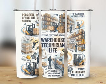 Warehouse Technician Life Digital, Forklift Boxes Worker Art, High-Resolution Tumbler Wrap, Straight Tapered 300 DPI Image