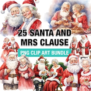 Santa and Mrs Claus Clipart Bundle, 25 Watercolor Christmas Illustrations for Crafts, Cards, Journals, Scrapbooking, Instant Download