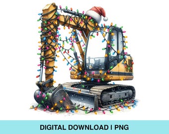 以下が含まれることがあります： カラフルなクリスマスライトとサンタ帽で飾られた黄色の掘削機。画像には、下部に「DIGITAL DOWNLOAD I PNG」というテキストがあります。掘削機のバケットとトラックが見え、アームの周りにライトが巻かれています。