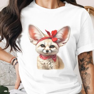 Women's White T-Shirt with Cute Fox Design, Red Bow, Casual Summer Top