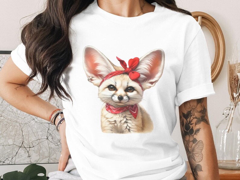 Women's White T-Shirt with Cute Fox Design, Red Bow, Casual Summer Top