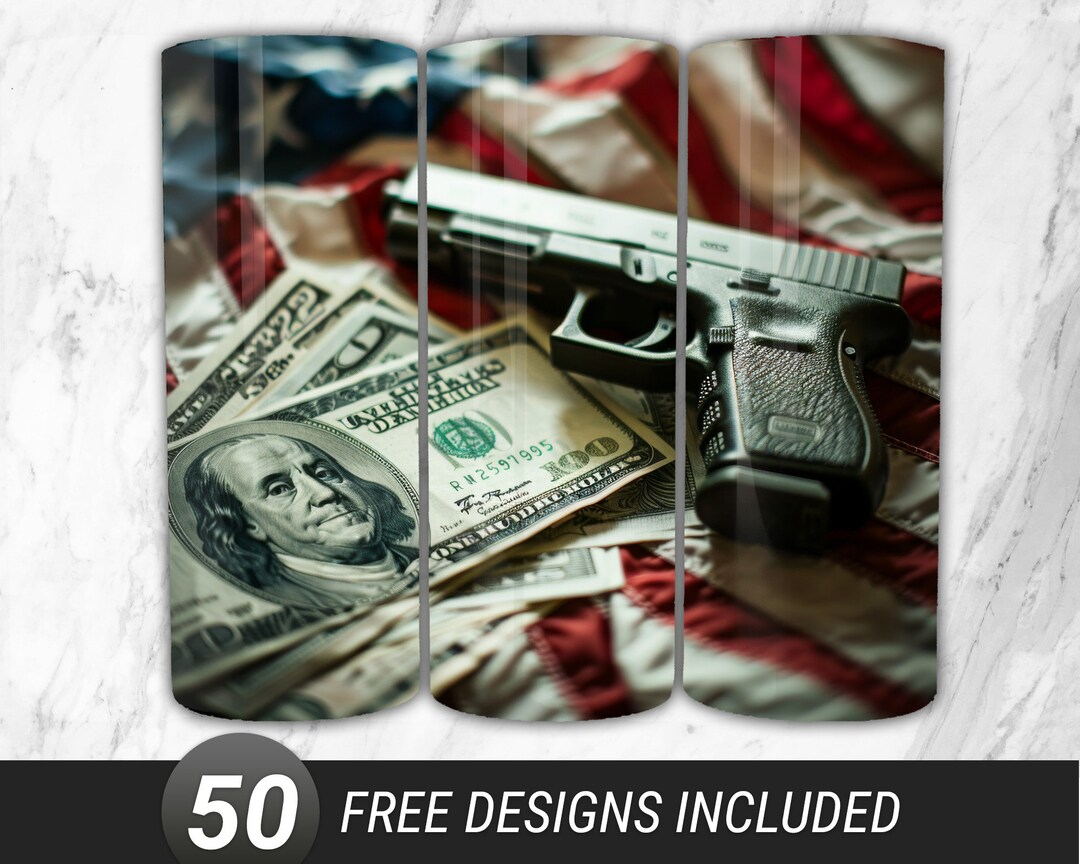 Money With Gun Tumbler Wrap 20oz Skinny Tumbler Digital Banknote ...