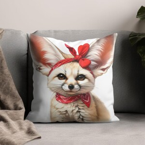 Fennec Fox Cushion Cover, Cute Animal Throw Pillow, Red Bandana Design, Decorative Sofa Pillow, Unique Wildlife Home Decor Gift Idea