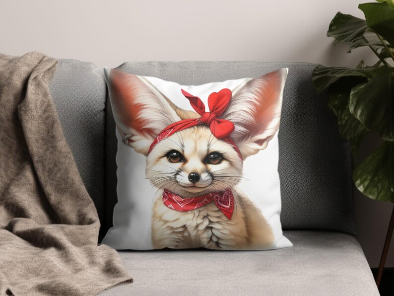 Fennec Fox Cushion Cover, Cute Animal Throw Pillow, Red Bandana Design, Decorative Sofa Pillow, Unique Wildlife Home Decor Gift Idea