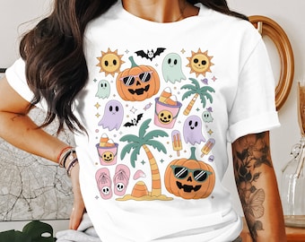 Summerween T-Shirt Design: Funny Ghost, Pumpkin, and Bat PNG (Digital Download)