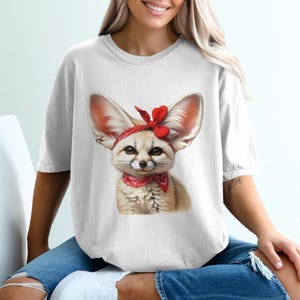 Cute Fennec Fox Graphic T-Shirt, Women's Casual Top, Animal Print Shirt, Fashion Tee with Red Bow, Gift Idea for Her, Trendy Summer Clothing