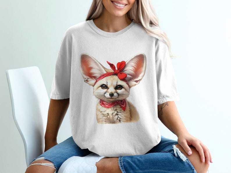 Cute Fennec Fox Graphic T-Shirt, Women's Casual Top, Animal Print Shirt, Fashion Tee with Red Bow, Gift Idea for Her, Trendy Summer Clothing