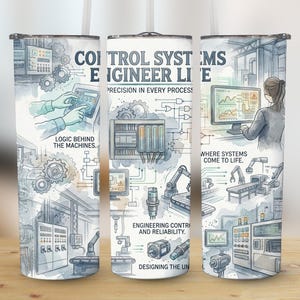 Puede incluir: Un vaso de acero inoxidable con un diseño de acuarela. El diseño presenta ilustraciones de sistemas de control, maquinaria y el texto "CONTROL SYSTEMS ENGINEER LIFE". El vaso tiene una pajita y una tapa.