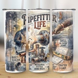 Op de afbeelding: Een roestvrijstalen beker met een aquarelontwerp met een pijpfitterthema. Het ontwerp omvat een werknemer die pijpen last, gereedschap en de tekst "Pipefitter Life". De beker is ontworpen voor ongeveer 590 ml.