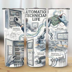 Op de afbeelding: Een witte beker met een illustratie over automatiseringstechnici. Het ontwerp bevat diagrammen, tekst en afbeeldingen van machines, circuits en een technicus die aan een bedieningspaneel werkt. Tekst bevat "Automation Technician Life."