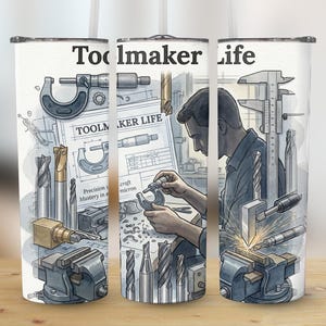 Op de afbeelding: Een witte beker met een "Toolmaker Life" ontwerp. Het ontwerp toont een gereedschapsmaker die werkt met gereedschap, blauwdrukken en diverse precisie-instrumenten. De beker bevat een verscheidenheid aan gereedschappen, waaronder schuifmaten, boren en een bankschroef.