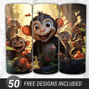 May include: Tumbler featuring a vibrant illustration of several smiling monkeys in a lush jungle setting. The monkeys have brown fur, large ears, and are surrounded by green foliage and red flowers. The tumbler includes the text "50 FREE DESIGNS INCLUDED".